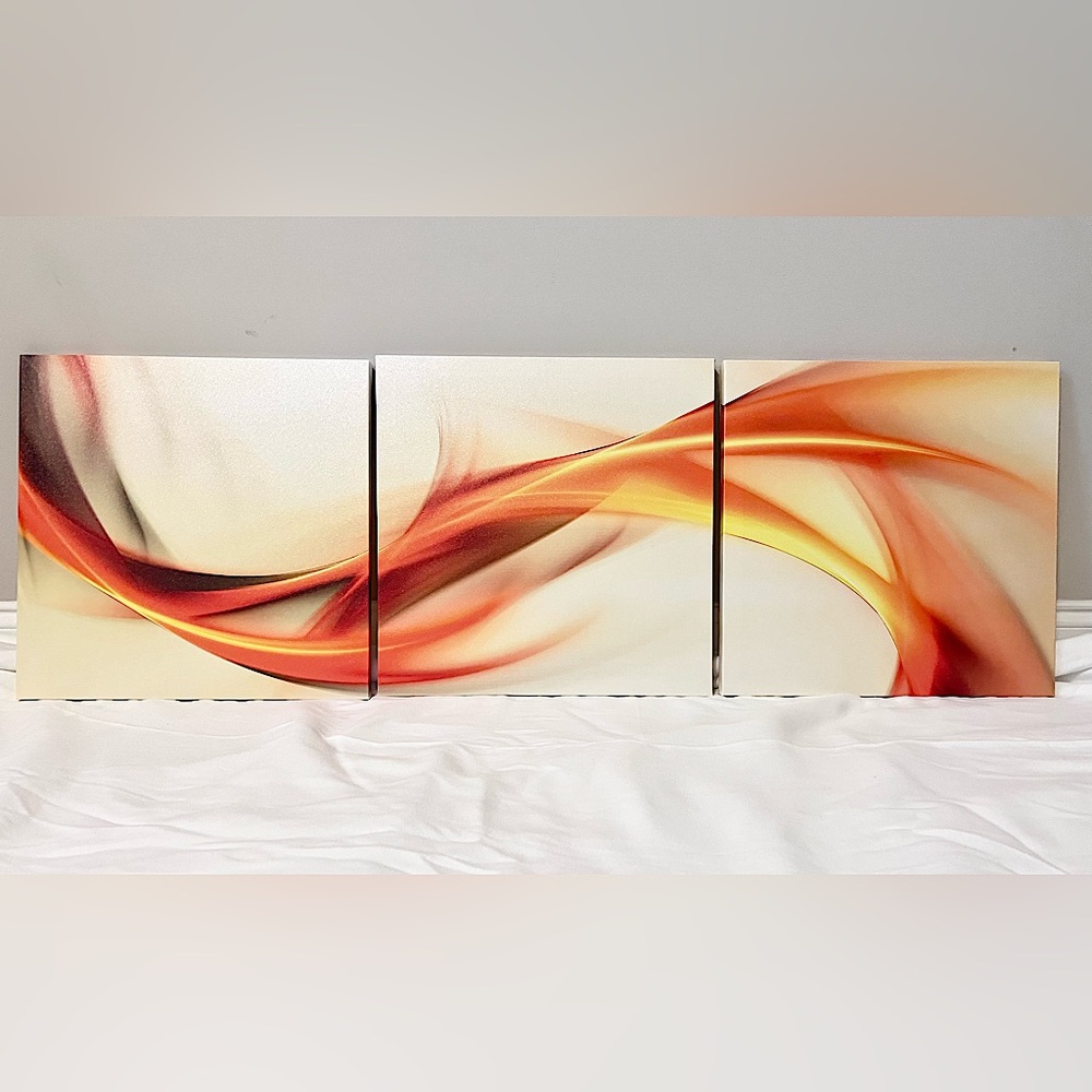SOLD!  Abstract Wall Art ‘Fire and Flame’. 3 Piece Canvas Set. Brand New!